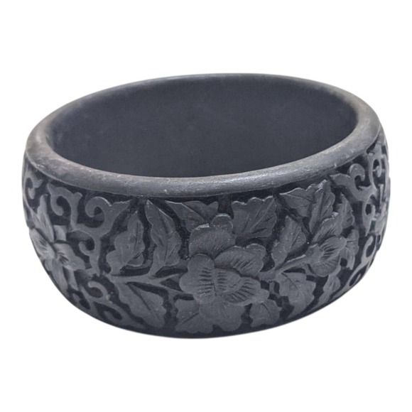 Vintage‎ Carved Black Cinnabar Wide Bangle Bracelet Black - Picture 2 of 4